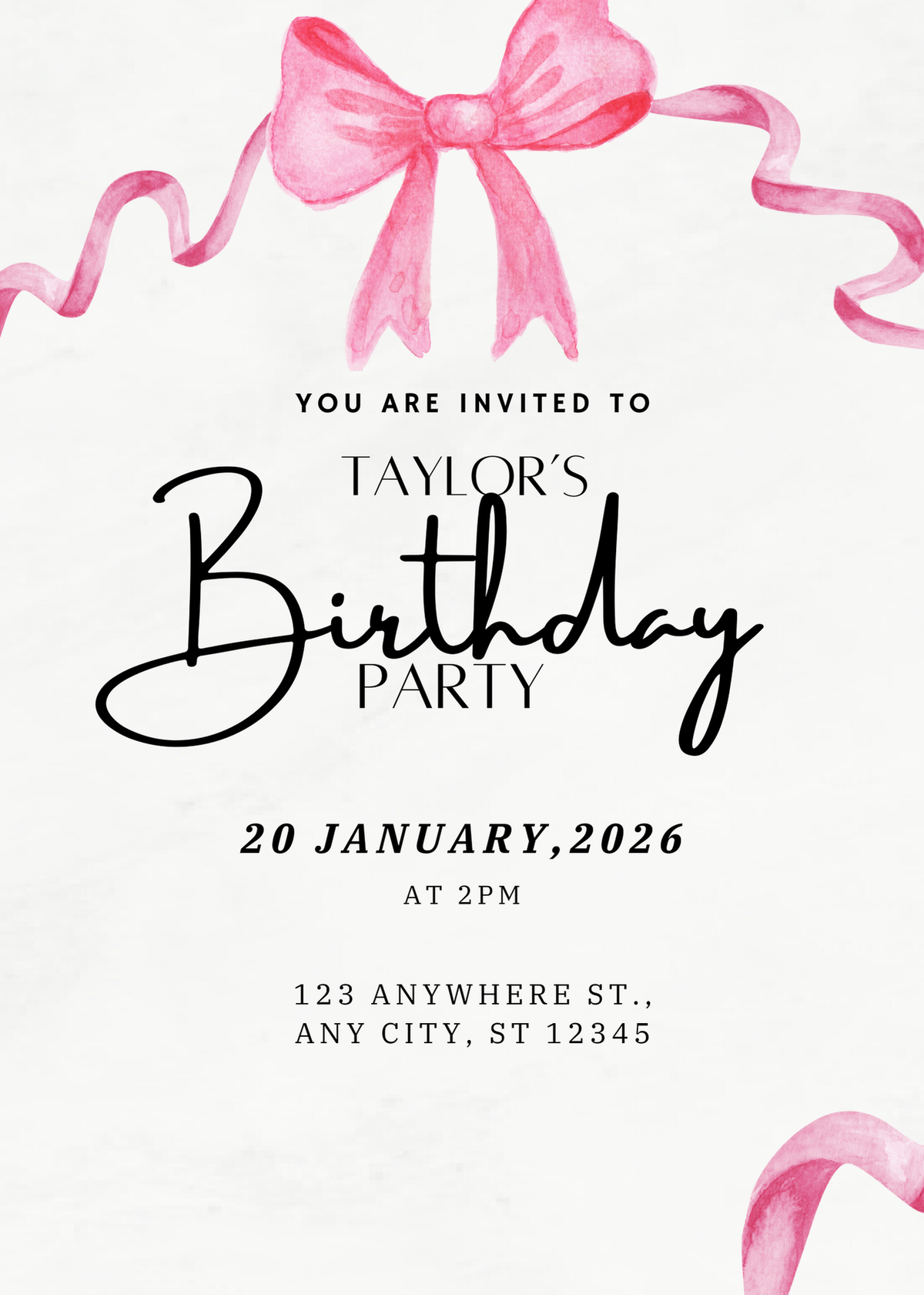 Pink Bow - Birthday Invitation